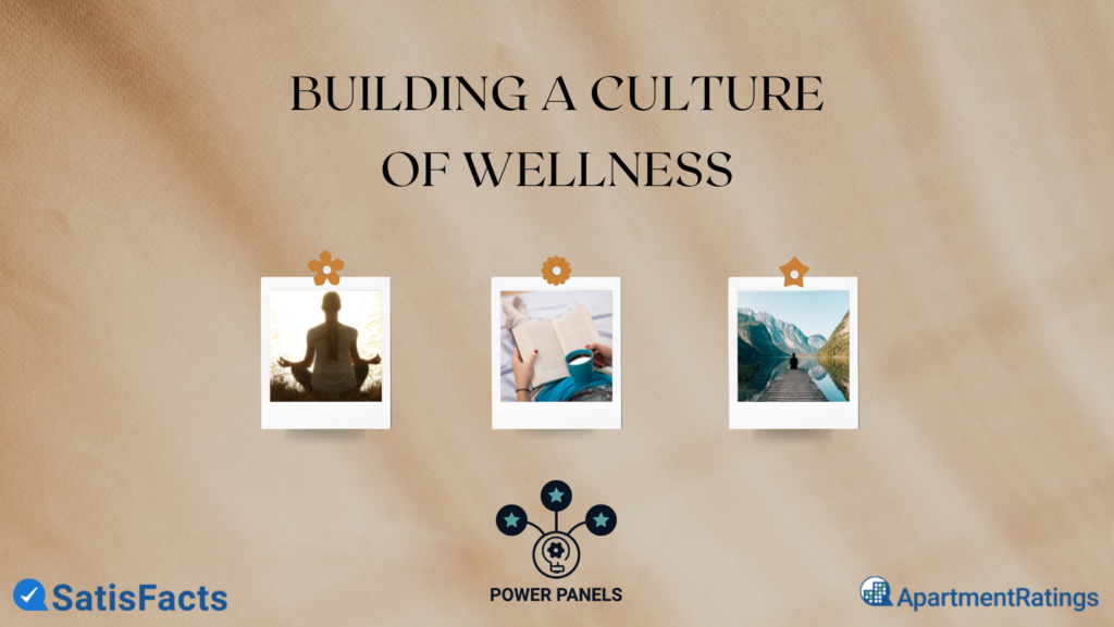 building a culture of wellness with tan background, 3 pictures, yoga, reading, sitting on dock with mountain view