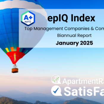 two hot air balloons in the sky with epIQ Index Top Management Companies & Communities January 2025 text