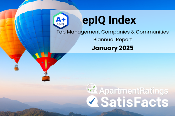two hot air balloons in the sky with epIQ Index Top Management Companies & Communities January 2025 text
