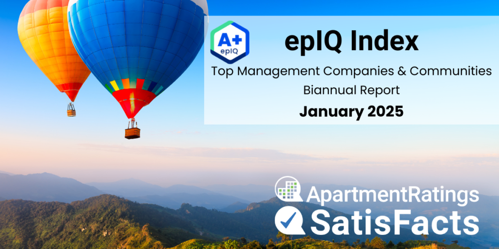 two hot air balloons in the sky with epIQ Index Top Management Companies & Communities January 2025 text