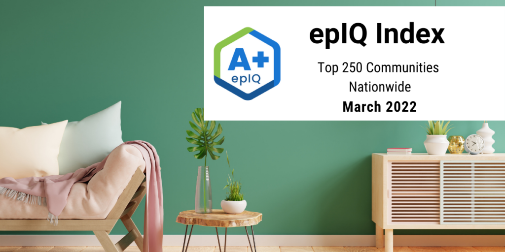 epIQ Index Top 250 communities, March 2022, green wall with white loveseat