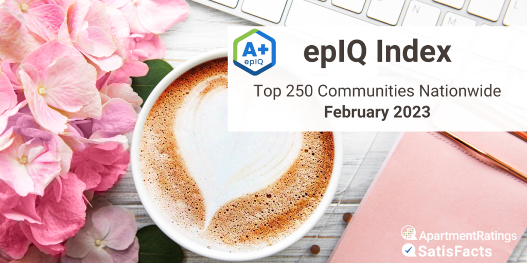epIQ Index Top 250 Communities February 2023 with pink flowers and coffee with heart