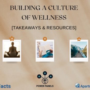 building a culture of wellness with tan background, 3 pictures, yoga, reading, sitting on dock with mountain view