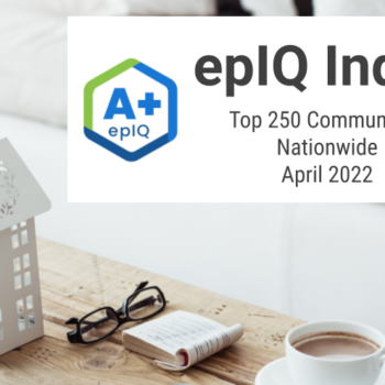epIQ Index Top 250 Communities Report with epIQ Logo and background table with coffee cup, glasses, and decor