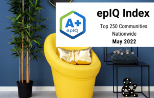 blue wall with bright yellow chair, plant and black table with decorations behind epIQ Index Top 250 communities nationwide May 2022 banner