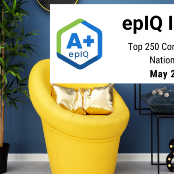 blue wall with bright yellow chair, plant and black table with decorations behind epIQ Index Top 250 communities nationwide May 2022 banner