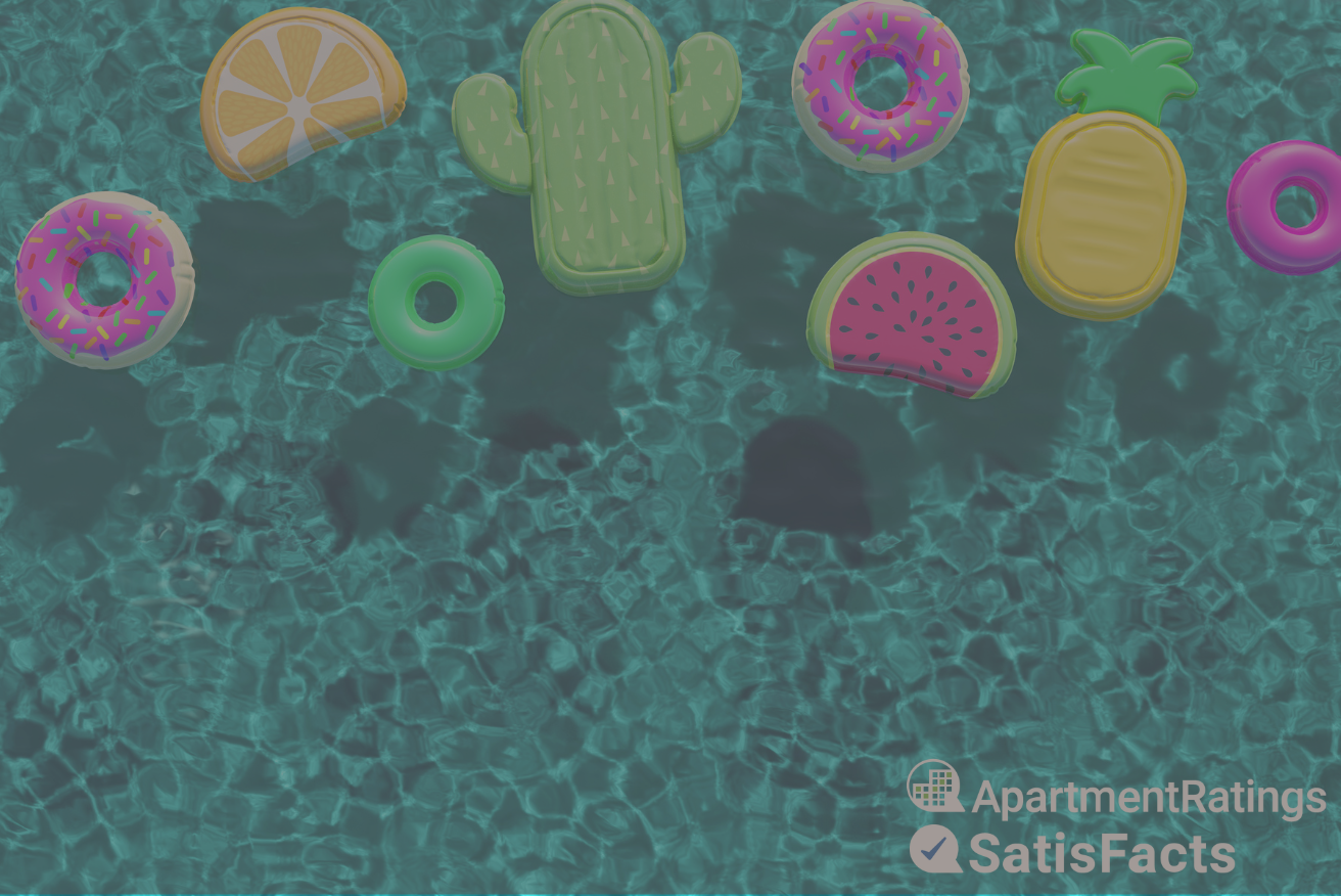 pool with fun fruit and donut floats with satisfacts and apartmentratings logos