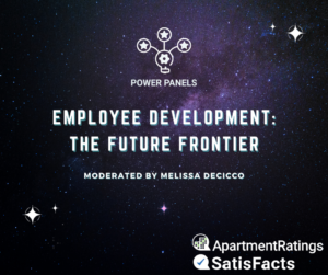 space and stars background with power panels logo and employee development: the future fronter title