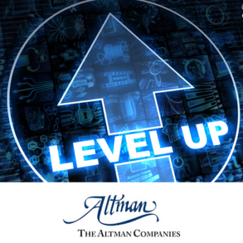 level up text with up arrow and altman companies logo