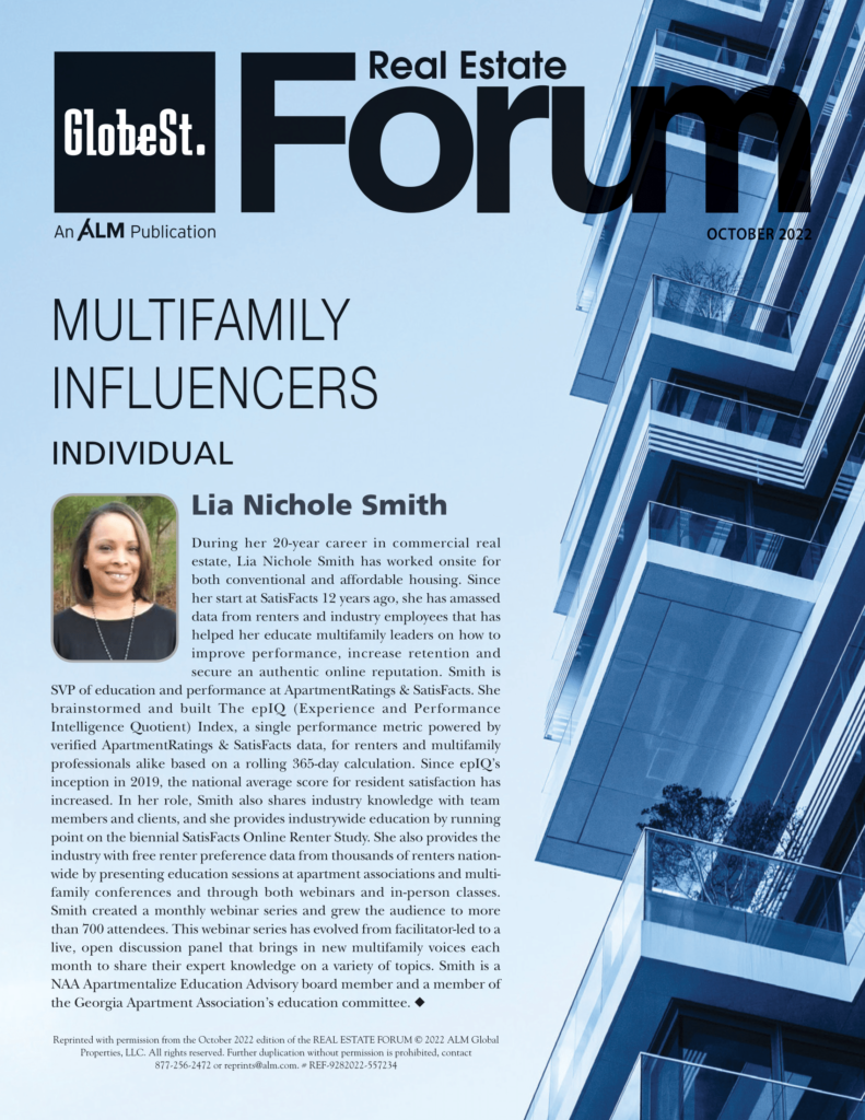 Globe St Real Estate Forum Multifamily Influencer recognition article for Lia Nichole Smith
