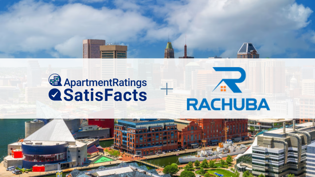ApartmentRatings SatisFacts and Rachuba logos over a Maryland skyline, representing a partnership that delivers multifamily resident survey data to improve property management performance.